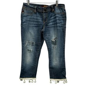Domaine Distressed Blue Jeans with Tassel Hem